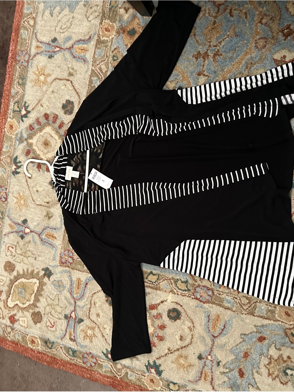 Chico's Black Cardigan with Black-and-White Striped Trim - Picture 2 of 6